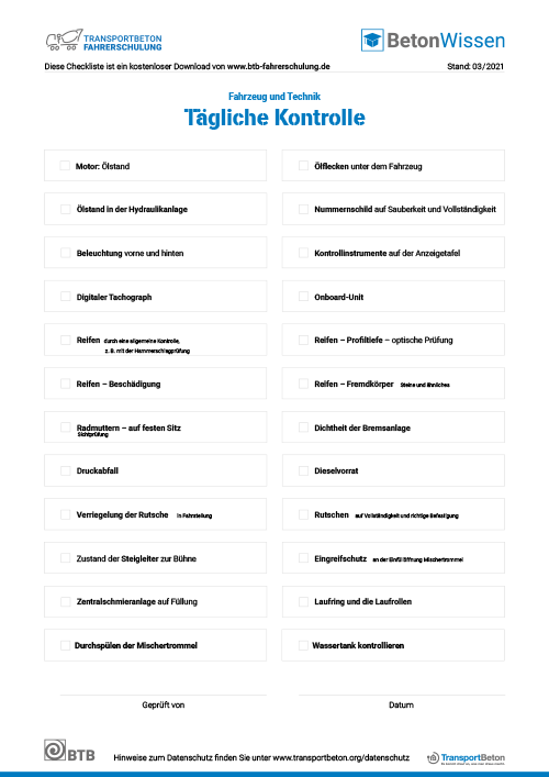 Checkliste „Tägliche Kontrolle”